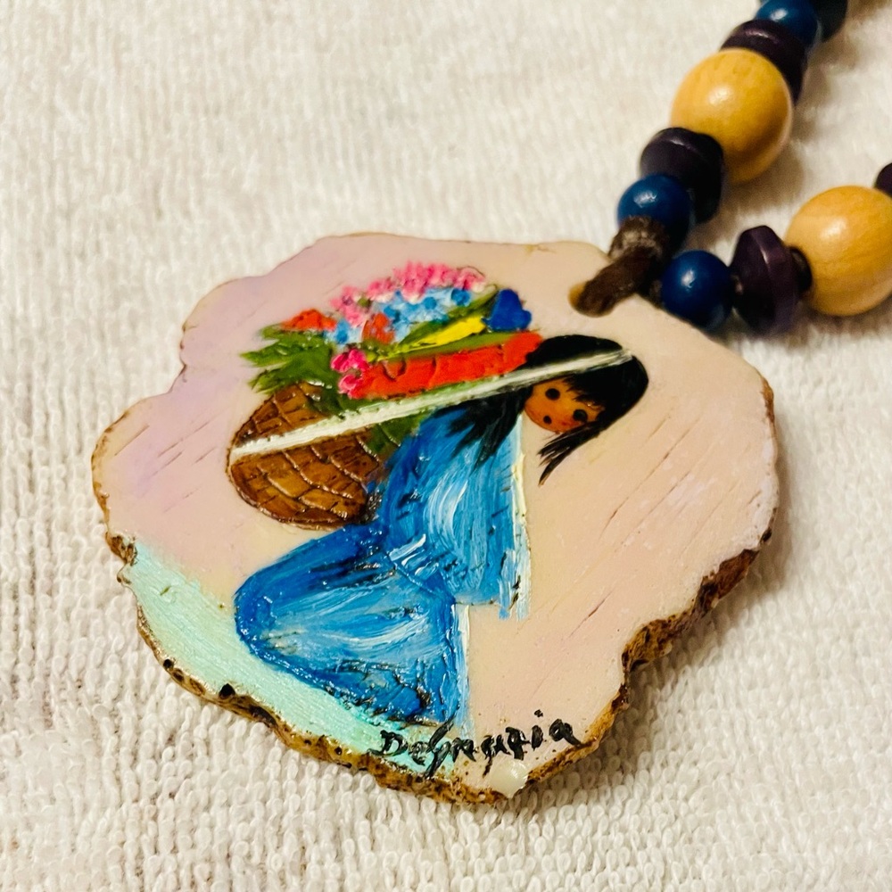 Ted De Grazia Little Girl with Flower Necklace Hand Painted Signed Leather Cord
